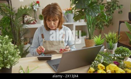 A middle-aged woman calculates finances on a calculator at a flower shop with various plants in the background. Stock Photo
