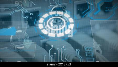 Image of 5g and data processing over computer wires Stock Photo
