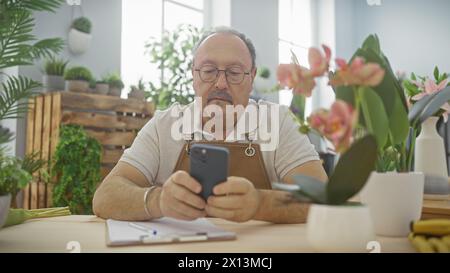 Middle-aged man using smartphone in a flower shop surrounded by plants and natural light. Stock Photo