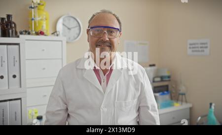 A mature man with glasses and a lab coat stands confidently in a laboratory setting, implying a professional environment. Stock Photo