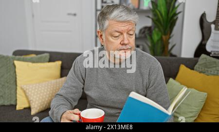 A mature man relaxes at home with coffee and a book on a cozy couch adorned with colorful pillows. Stock Photo