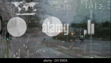 Image of statistical data processing against city traffic Stock Photo