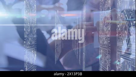 Image of moving columns and light trails over diverse people Stock Photo