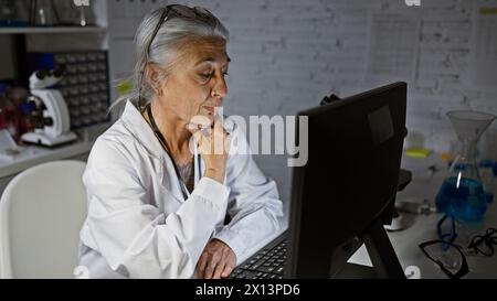 Middle age grey-haired lady scientist, focused face illuminated by the computer’s glow, diligently working on breakthrough research in a quiet, dimly Stock Photo