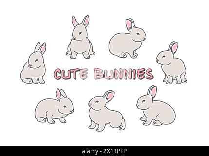 Cute playful little bunnies. Hand drawn cartoon baby rabbits in different poses isolated on white. Linear style with color blobs Stock Vector