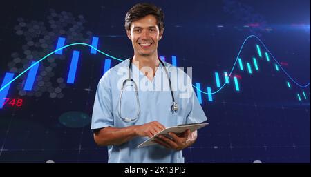Image of financial data and graphs over caucasian male doctor Stock Photo