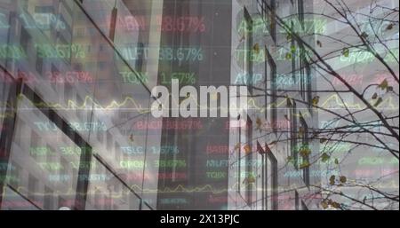 Image of stock market data processing against tall building Stock Photo
