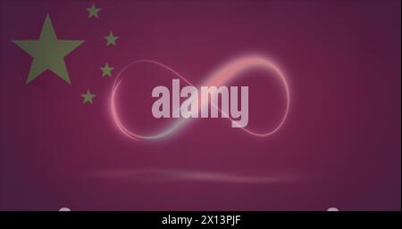 Image of neon infinity shape over multiple screens with data processing against china flag Stock Photo