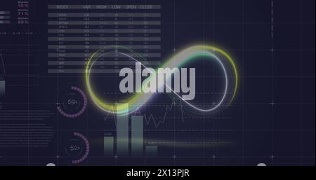 Image of neon infinity shape over statistical data processing against black background Stock Photo