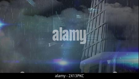 Image of stock market data processing against rain falling over tall buildings Stock Photo