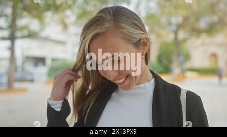 A smiling young caucasian woman enjoys a sunny day outdoors in a city park, radiating beauty and casual elegance. Stock Photo