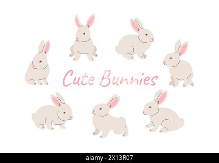 Cute playful little bunnies. Hand drawn cartoon baby rabbits in different poses isolated on white. Linear style with color fill Stock Vector