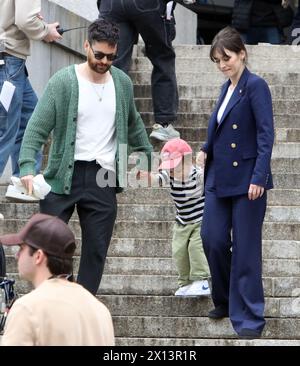 Tom Riley, Alfie Riley and Lizzy Caplan, filming on location for