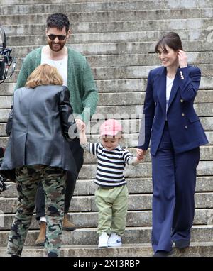 Tom Riley, Alfie Riley and Lizzy Caplan, filming on location for
