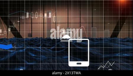 Image of digital icons and statistical data processing against blue digital wave Stock Photo