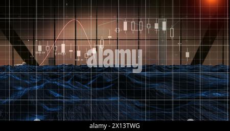 Image of digital icons and statistical data processing against blue digital wave Stock Photo