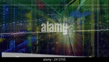 Image of statistical data processing and light spot against computer server room Stock Photo