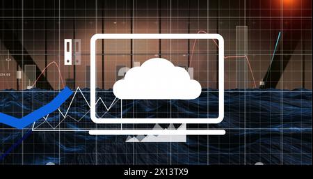 Image of digital icons and statistical data processing against blue digital wave Stock Photo