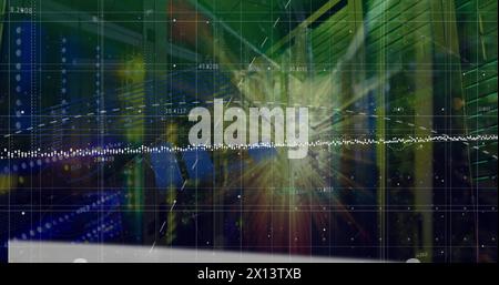Image of statistical data processing and light spot against computer server room Stock Photo