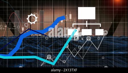 Image of digital icons and statistical data processing against blue digital wave Stock Photo