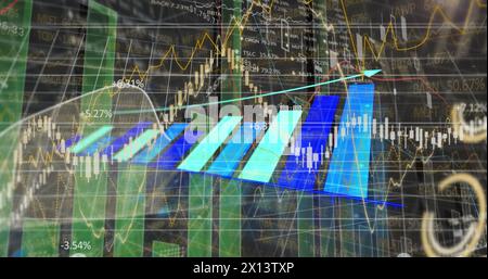 Image of financial and statistical data processing against black background Stock Photo