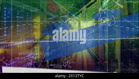 Image of statistical data processing and light spot against computer server room Stock Photo