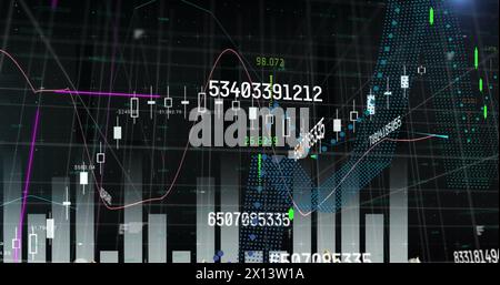 Image of financial and statistical data processing against blue light spot on black background Stock Photo