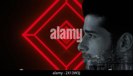 Image of cityscape over biracial man face against neon red hexagonal tunnel in seamless pattern Stock Photo