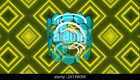 Image of hexagonal shapes spinning over yellow kaleidoscopic patterns in seamless pattern Stock Photo