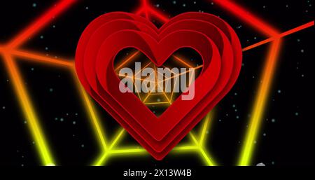 Image of red heart icon over neon hexagonal tunnel in seamless pattern against black background Stock Photo