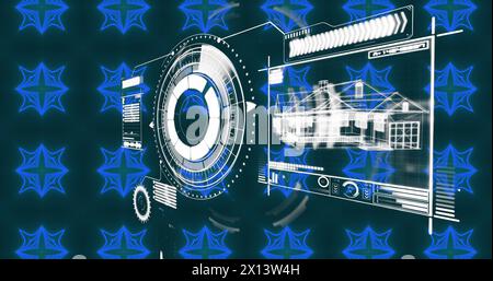 Image of interface with data processing over blue kaleidoscopic patterns in seamless pattern Stock Photo