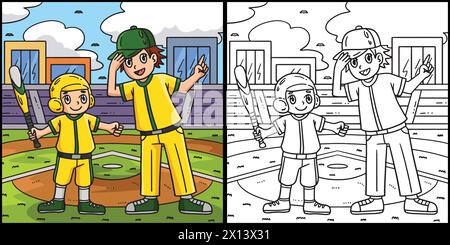 Baseball Boy and Coach Coloring Page Illustration Stock Vector