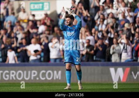 LONDON, ENGLAND - APRIL 13: Matija Šarkić of Millwall clapping the fans after the Sky Bet Championship match between Millwall and Cardiff City at The Den on April 13, 2024 in London, England.(Photo by Dylan Hepworth/MB Media) Stock Photo