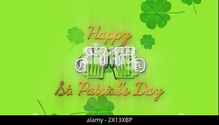 Image of st patrick's day text, shamrock and glasses of beer on green background Stock Photo