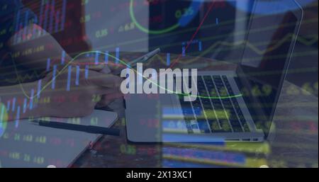Image of statistical and stock market data processing over mid section of a man using smartphone Stock Photo