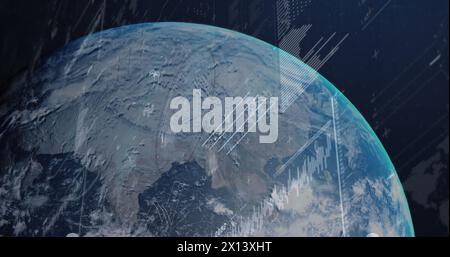 Image of multiple graphs with loading circles, bars over rotating globe on abstract background Stock Photo
