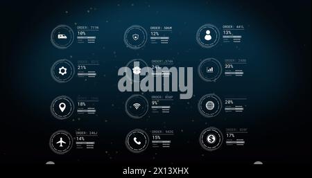 Image of icons with data processing over light spots on black background Stock Photo