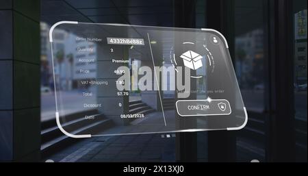 Image of digital interface with data processing over cityscape Stock Photo