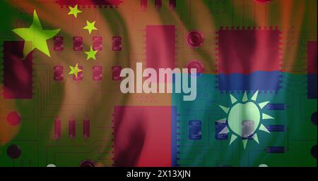 Image of circuit board and data processing over flag of taiwan and china Stock Photo