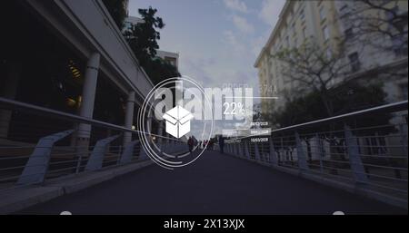 Image of icons with data processing over people walking on street Stock Photo