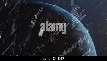 Image of loading bars, graphs over rotating globe against sun on abstract background Stock Photo