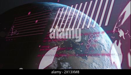 Image of globe, graphs and computer language over rotating globe against space Stock Photo