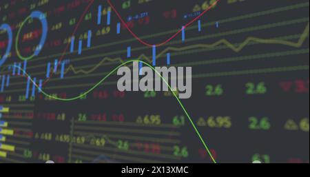 Image of statistical and stock market data processing against grey background Stock Photo