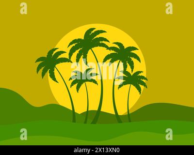 Tropical landscape with palm trees with sun. Silhouettes of palm trees on the hills. Summer time. Design of advertising booklets, banners, posters and Stock Vector