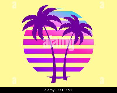 Silhouettes of palm trees against a retro futuristic sun background. Palm trees against a background of gradient sun in synthetic and retrowave styles Stock Vector