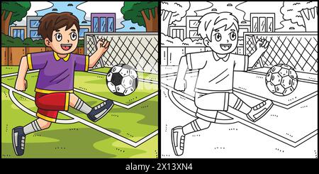 Boy Kicking Soccer Ball Coloring Illustration Stock Vector