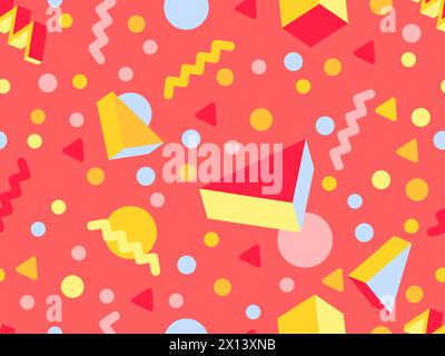 Geometric seamless pattern with 3D shapes in the style of the 80s and 90s. Isometric 3D shapes in Memphis style. Design of promotional products, wrapp Stock Vector