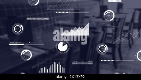 Image of interface with statistical data processing against empty cafe at office Stock Photo