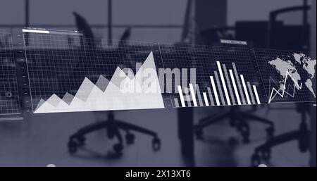 Image of interface with statistical data processing against empty office Stock Photo