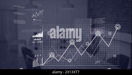 Image of interface with statistical data processing against empty conference room at office Stock Photo